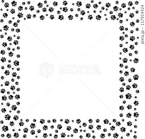 Pet paw print square frame with blank space for text and images Black silhouette track of dog or cat paw prints. Frame with paw prints of pets for decoration of shop windows, websites, etc. Vector 117914524