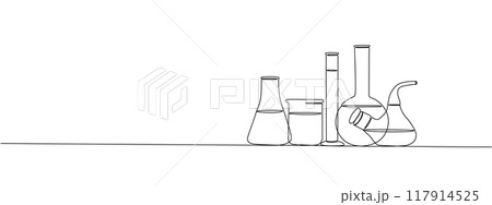 Drawing of one continuous line of laboratory flasks and test tubes. Single line style laboratory equipment. Concept of scientific and medical research . Vector editable illustration. Drawing of one continuous line of laboratory flasks and test tubes. Single line style laboratory equipment. Concept of scientific and medical research . Vector editable illustration. 117914525