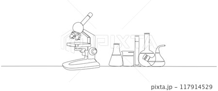 Drawing of one continuous line of microscope and laboratory flasks and test tubes. Single line style laboratory equipment. Concept of scientific and medical research . Vector editable illustration. 117914529