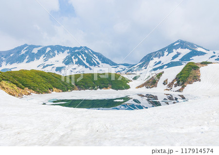 初夏の立山黒部アルペンルート　雪が残る室堂平　みくりが池 117914574