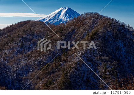 冬の南大菩薩・ハマイバ丸付近から見る大谷ヶ丸と富士山 117914599