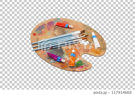 Artistic wooden palette with colorful paints and brushes for creative activities. Horizontal. PNG 117914668
