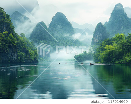 Serene misty mountain landscape with traditional boats on tranquil river reflecting lush green foliage and towering peaks 117914669