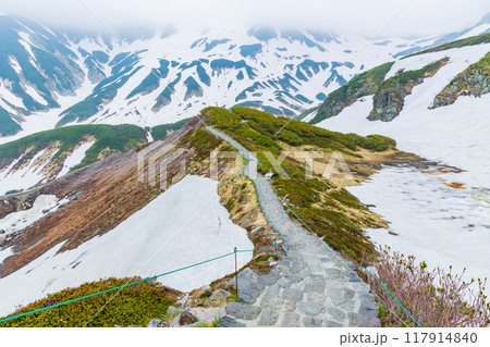 初夏の立山黒部アルペンルート　雪が残る室堂平 117914840