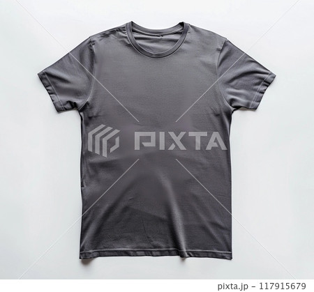 dark gray T-shirt on a light background, smooth fabric, mockup 117915679