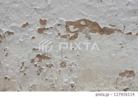 Texture or background of the building's walls are painted white, old and damaged. 117916114