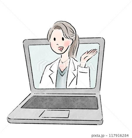 オンラインで女性医師が説明しているイメージイラスト 117916284