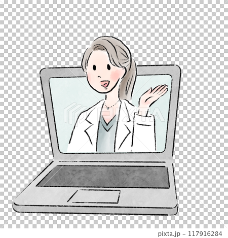 オンラインで女性医師が説明しているイメージイラスト 117916284