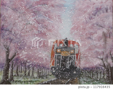 桜のトンネルを走る京都嵐山のトロッコ列車 桜のトンネルを走る京都嵐山のトロッコ列車 117916435