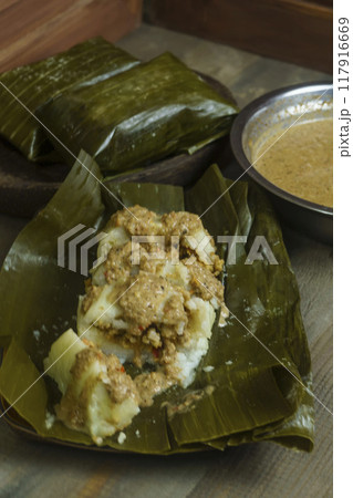 Lontong oncom, a traditional Indonesian dish 117916669