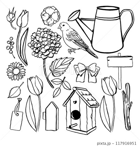 Spring set outline black and white hand drawn 117916951