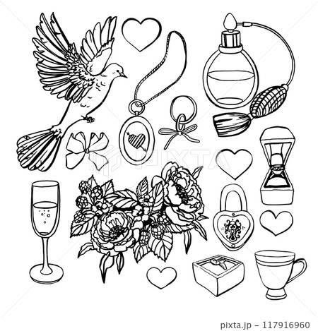 Valentines day set outline black and white hand drawn 117916960