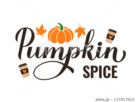 Pumpkin Spice lettering with coffee cup. Popular autumn drink. Vector template for fall decorations, typography poster, banner, flyer, etc. 117917023
