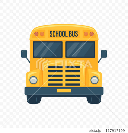 Flat Cartoon Vector School Bus Icon, Isolated. Yellow School Bus Front View. School Vehicle Icon. Back to School Concept 117917199