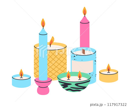 Burning aromatic candles. Colorful aroma candles, wax decorative candles, cute home interior decor and aromatherapy flat vector illustration. Bright candles collection 117917322