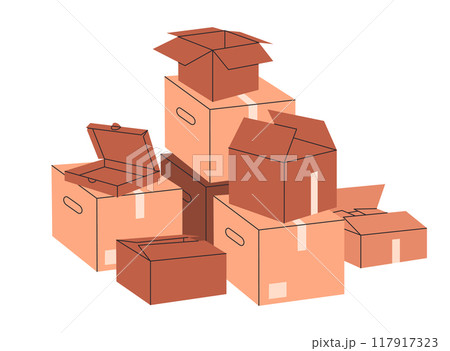 Cartoon cardboard boxes. Stacked cargo boxes pile, warehouse box stack flat vector illustration. Delivery or moving containers on white Cartoon cardboard boxes. Stacked cargo boxes pile, warehouse box stack flat vector illustration. Delivery or moving containers on white 117917323