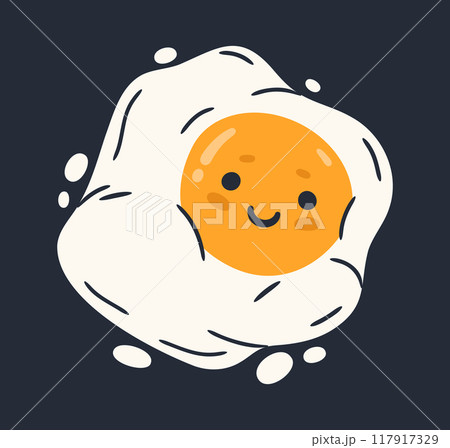 Cute fried eggs emoji. Cartoon fried eggs funny character, chicken egg for breakfast flat vector illustration. Comic egg mascot with humorous face 117917329