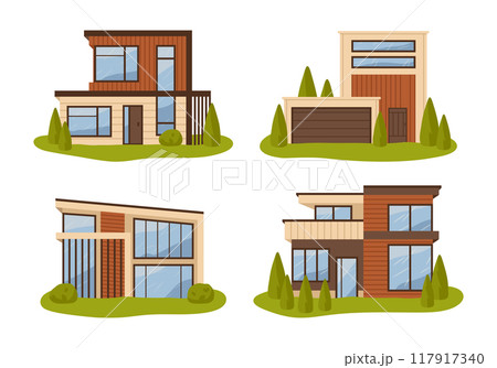 Suburban houses. Modern real estate buildings, contemporary residential cottages, country houses flat vector illustration set. Urban house collection 117917340
