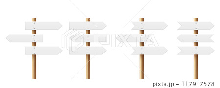 Realistic Sign Post Set. Realistic Blank Road Signboard. Plywood Pointer, Timber, Directional Sign Design Template, Front View. Vector Illustration in 3D Style Realistic Sign Post Set. Realistic Blank Road Signboard. Plywood Pointer, Timber, Directional Sign Design Template, Front View. Vector Illustration in 3D Style 117917578