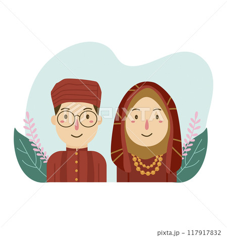 padang indonesia wedding couple bride groom traditional clothes cartoon vector illustration 117917832