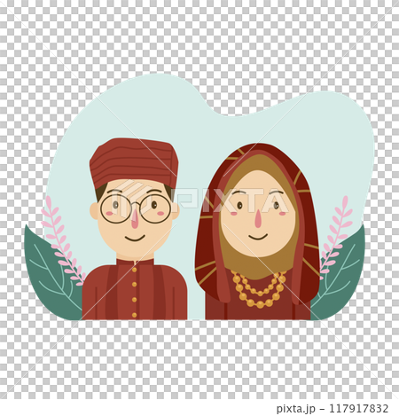 padang indonesia wedding couple bride groom traditional clothes cartoon vector illustration 117917832