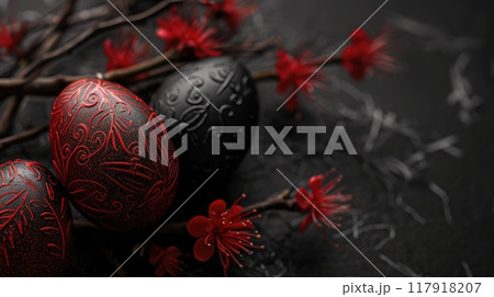 Red and black Easter Eggs on dark Background. Happy Easter eggs 117918207