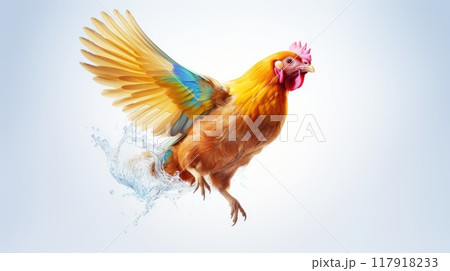Vibrant chicken flying with colorful rainbow feathers in the sky on bright background 117918233