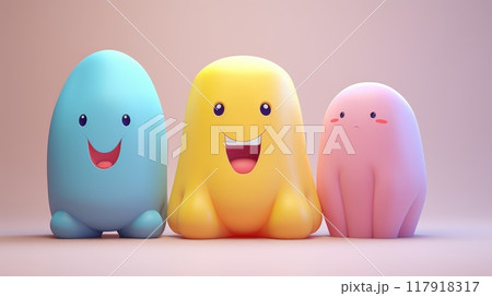 Three colorful cute cartoon characters isolated on a pastel blue background. 117918317