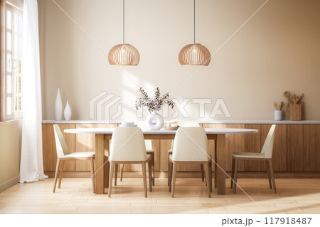 Minimal style modern contemporary dining room interior 3d render Minimal style modern contemporary dining room interior 3d render 117918487