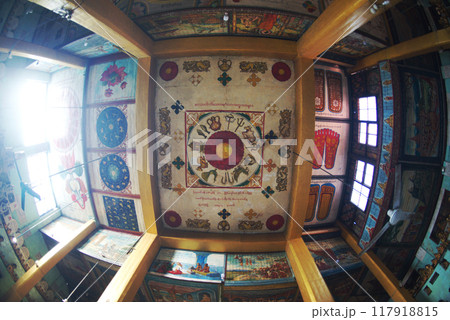 Hall ceiling Burmese art at Wat Shitetaung Phaya. This temple was built in 1535 and was built on a small hill. There is a tunnel-like balcony. Located at Mrauk-U city in Myanmar. Hall ceiling Burmese art at Wat Shitetaung Phaya. This temple was built in 1535 and was built on a small hill. There is a tunnel-like balcony. Located at Mrauk-U city in Myanmar. 117918815