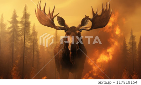 Majestic moose, resilient amidst the fiery chaos 117919154