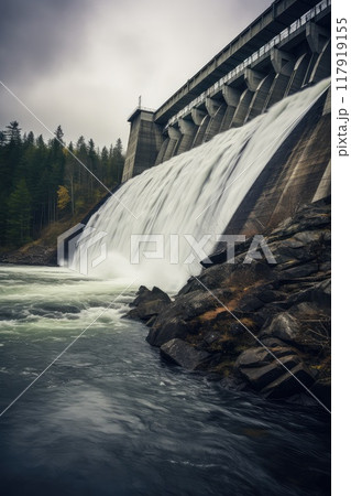 The architectural marvel of a hydroelectric dam blending seamlessly with its surroundings, a testament to the aesthetic integration of renewable energy infrastructure 117919155