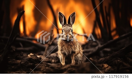 A hare's agility is showcased as it leaps through the blazing inferno 117919156