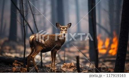 A deer's grace and elegance shine through as it finds its way through the fiery landscape. 117919163
