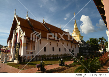 Wat Phra That Chang Kham Worawihan is an old temple, more than 600 years old. There is a Chang Kham Chedi here. It is a Lanka-style pagoda. There are busts of elephants all around. At Nan in Thailand. 117919533