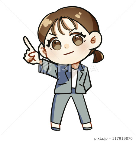 スーツを来た若い女性が指差ししているポップで可愛いデフォルメイラスト スーツを来た若い女性が指差ししているポップで可愛いデフォルメイラスト 117919870