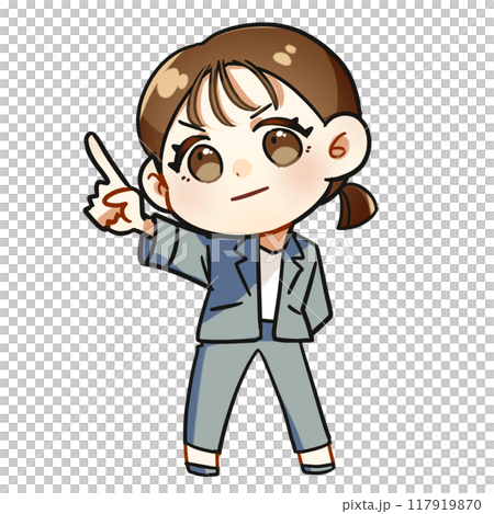 スーツを来た若い女性が指差ししているポップで可愛いデフォルメイラスト スーツを来た若い女性が指差ししているポップで可愛いデフォルメイラスト 117919870