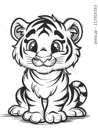 Monochrome drawing of a baby tiger with large eyes and fluffy hair sitting down 117920163