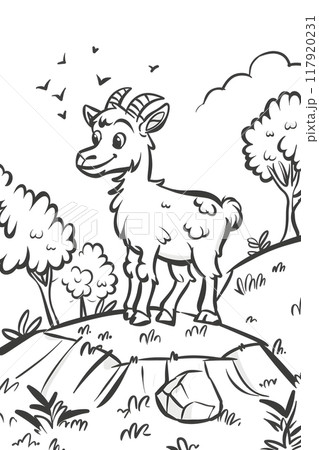 A black and white cartoon drawing of a happy mammal goat standing on a hill A black and white cartoon drawing of a happy mammal goat standing on a hill 117920231