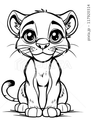 Cartoon drawing of a lion cub sitting down in black and white 117920314