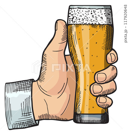 Beer glass in male hand. Pub color sketch Beer glass in male hand. Pub color sketch 117920648