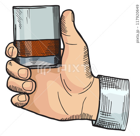 Male hand with whiskey glass. Toast color sketch Male hand with whiskey glass. Toast color sketch 117920649