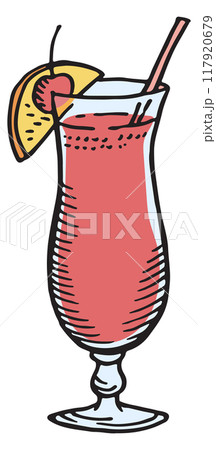 Summer cocktail color sketch. Alcohol drink engraving Summer cocktail color sketch. Alcohol drink engraving 117920679