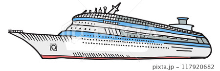 Cruise liner drawing. Marine vacation color doodle Cruise liner drawing. Marine vacation color doodle 117920682
