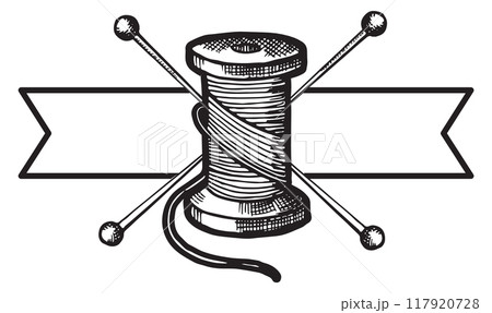 Thread spool logo with blank ribbon banner. Hand drawn template 117920728