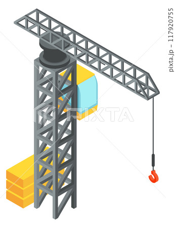 Tower crane isometric icon. Tall building construction machine Tower crane isometric icon. Tall building construction machine 117920755