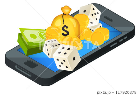 Mobile casino app cartoon icon. Smartphone with jackpot money 117920879