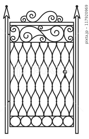 Ornate iron forged fence in retro decorative style Ornate iron forged fence in retro decorative style 117920969