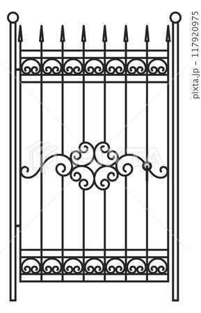 Park fence railing. Retro street iron barrier 117920975