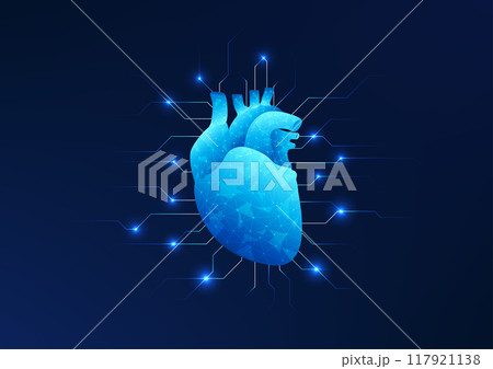 Medical technology background, Heart connected to a technology network with a technology circuit, conveys heart disease treatment using artificial organ technology for transplant treatment. 117921138